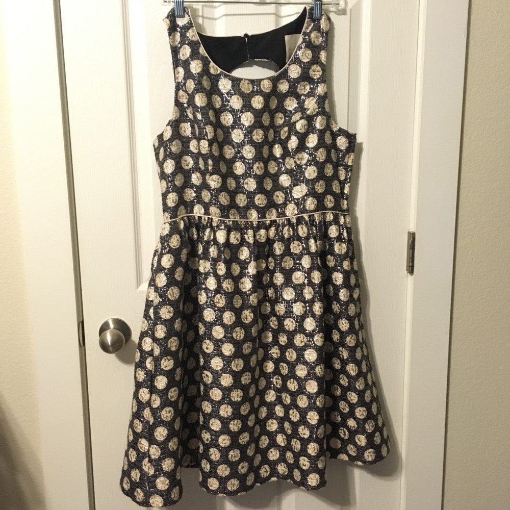 ModCloth polka dot black metallic gold dress sz L